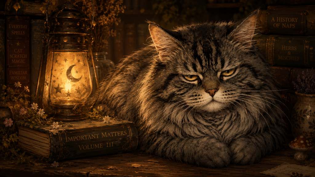 A close-up of a gray cat with a stern, judgmental expression, narrowing its eyes directly at the viewer.