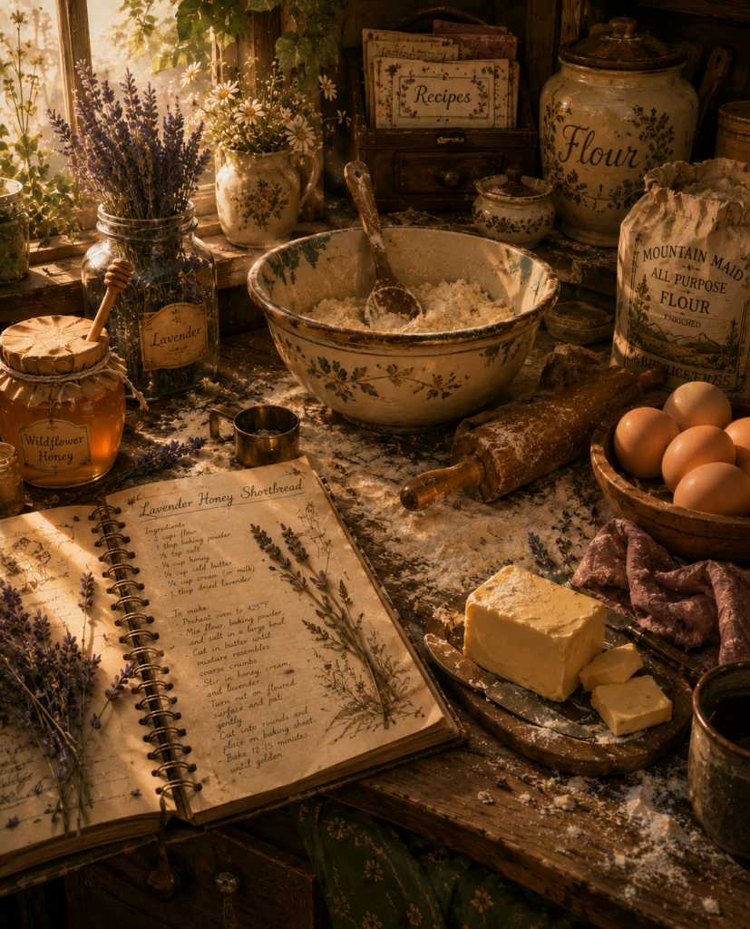 (Ingredients): A vintage-style kitchen counter with ingredients for baking shortbread. A ceramic bowl filled with flour sits next to brown eggs, a glass jar of honey with a wooden dipper, a bundle of fresh lavender, and a block of butter on a wooden board. An open, illustrated recipe book rests in the foreground.