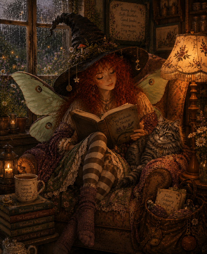 A cozy rainy reading nook where a witch-like character reads a book, accompanied by a cat and a warm cup of porch tea.
