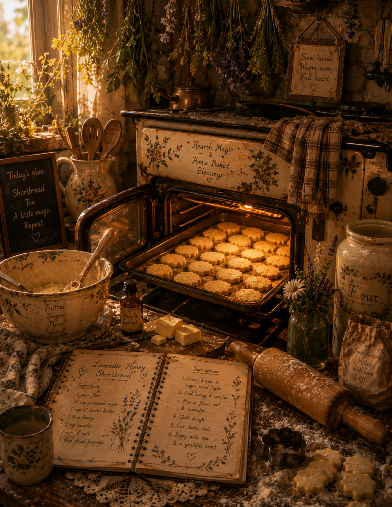 (Baking Day): Freshly baked, golden-brown shortbread cookies arranged neatly on a cooling rack next to a ceramic baking dish. Warm sunlight streams across the wooden counter.