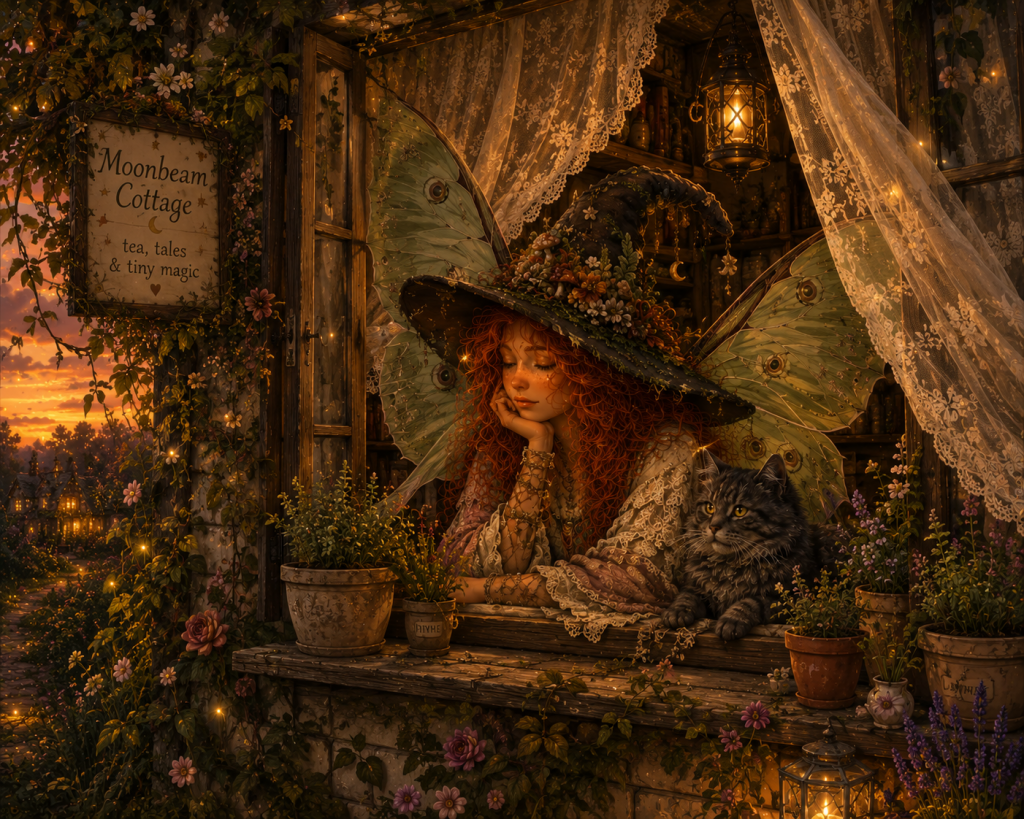 An open cottage window looking out onto a summer garden, perfect for a peaceful moment with some porch tea.
