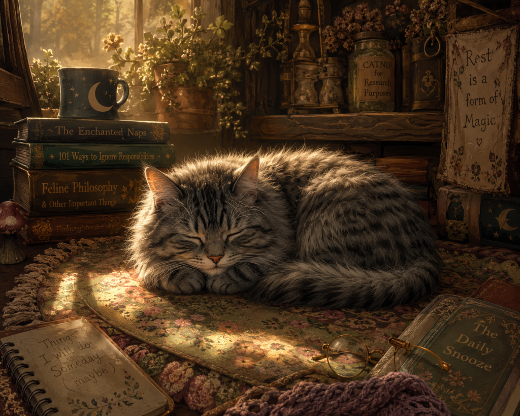 A gray cat curled up and sleeping deeply on a soft cushion, completely undisturbed by its surroundings.