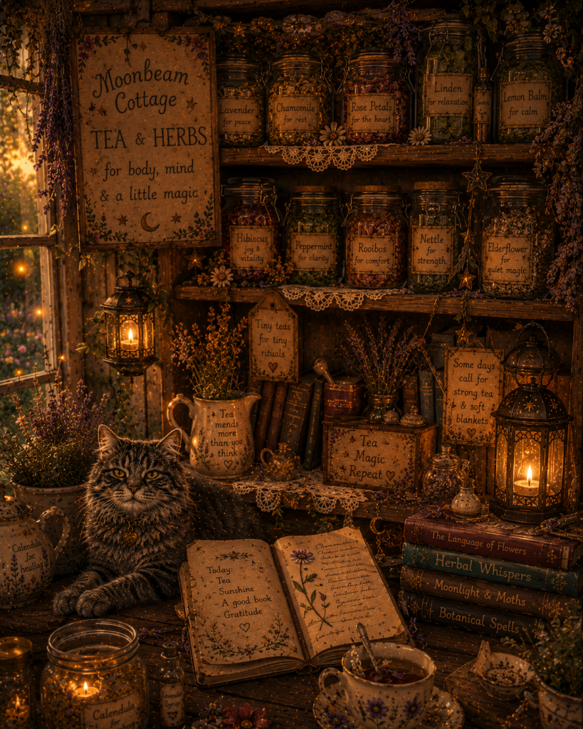A dimly lit apothecary shelf filled with glass jars of porch tea blends and dried herbs under a 'Moonbeam Cottage TEA & HERBS' sign."