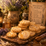 Golden-brown, round honey lavender shortbread cookies stacked on a dark plate next to a small bowl of fresh lavender blossoms on a rustic wooden table.