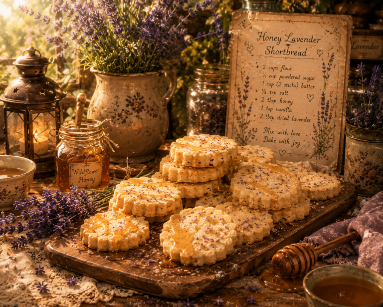 Golden-brown, round honey lavender shortbread cookies stacked on a dark plate next to a small bowl of fresh lavender blossoms on a rustic wooden table.