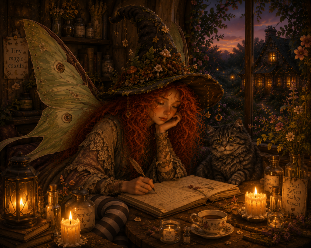 A magical scene of a red-haired fairy-like woman journaling at her desk by candlelight, with a cat nearby and a steaming cup of porch tea.
