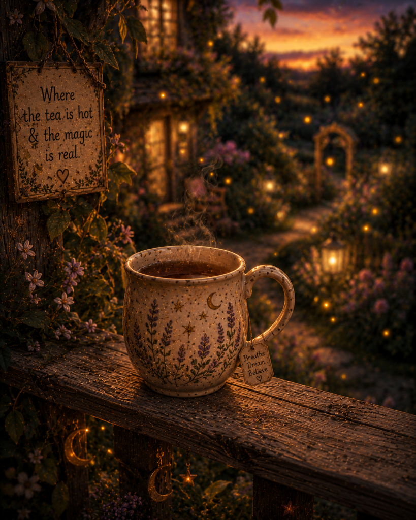A white ceramic mug of hot porch tea resting on a weathered wooden railing as twilight settles over the garden."