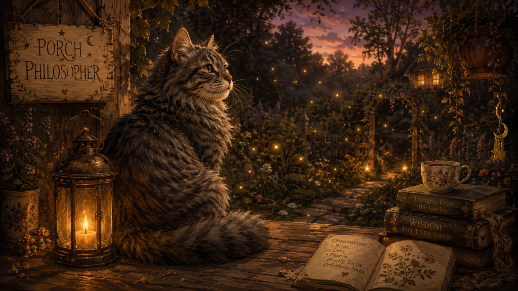 A gray cat resting thoughtfully on the edge of a wooden porch, looking out into the garden during a calm evening.
