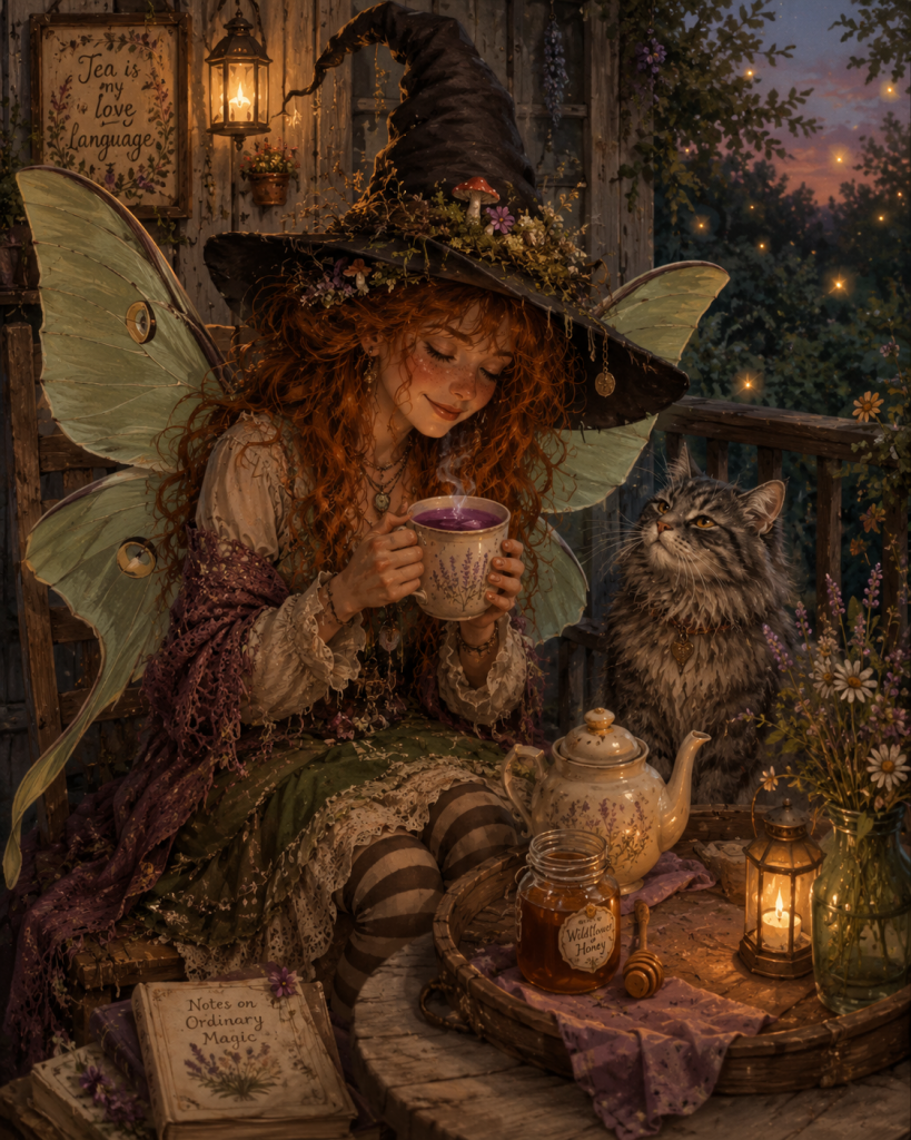 A warm cup of porch tea sits on a wooden deck during a calm summer evening.
