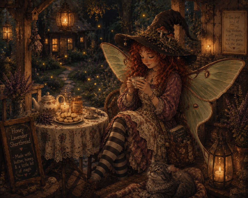 (Tea and Shortbread): A cozy outdoor setting on a wooden porch at dusk. A white ceramic plate holds sliced lavender shortbread cookies next to a steaming mug of tea, with a green garden visible in the soft-focus background.