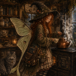 A whimsical red-haired fairy woman with wings and a pointed hat stands in a cozy, rustic cottage kitchen pouring tea. A tabby cat sits on the counter beside her, surrounded by jars of herbs and a warm lit lantern. A sign on the wall reads 'Rainy days are for slow mugs, warm tea, and gentle thoughts,' with rain visible through the window.