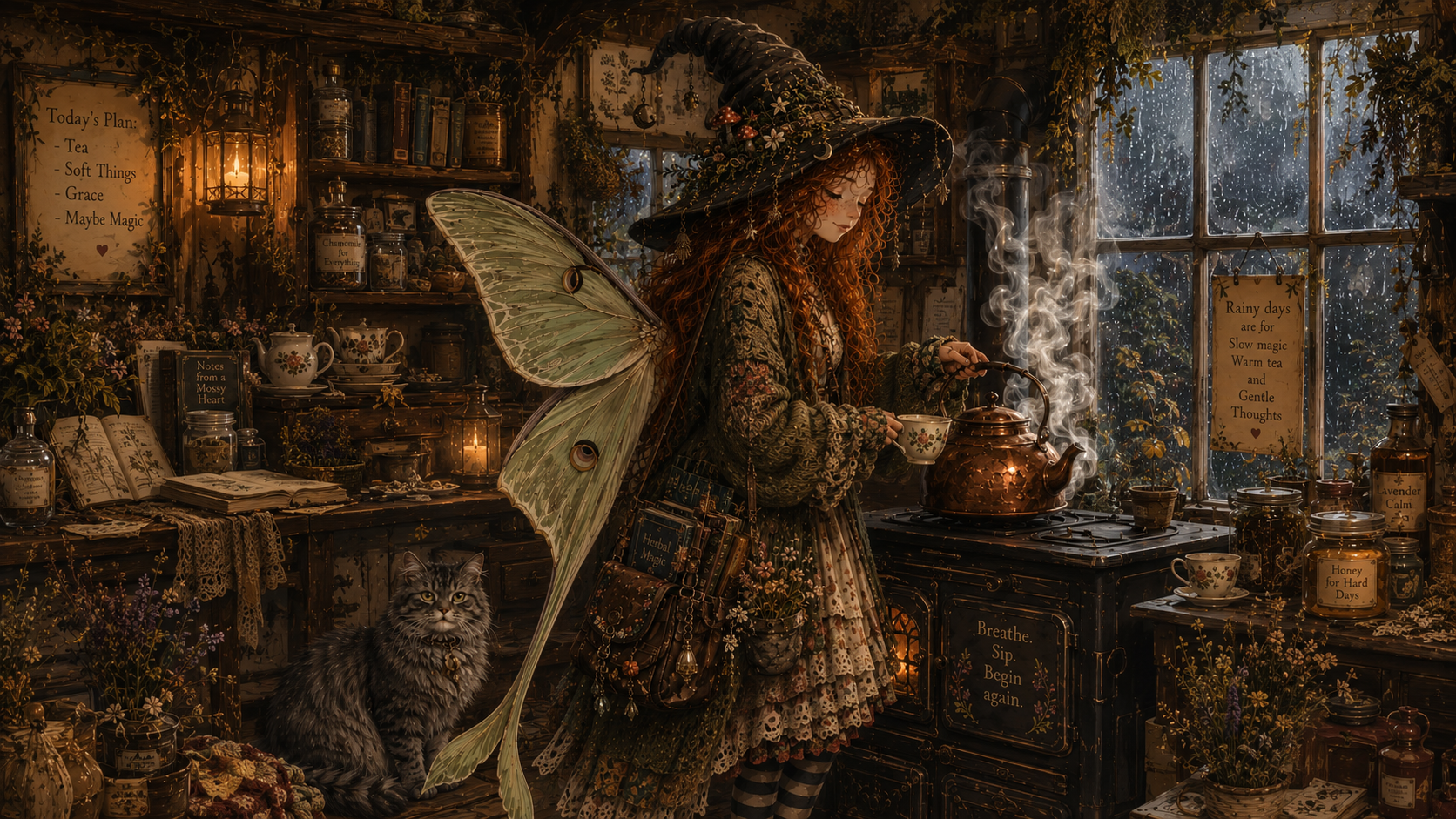 A whimsical red-haired fairy woman with wings and a pointed hat stands in a cozy, rustic cottage kitchen pouring tea. A tabby cat sits on the counter beside her, surrounded by jars of herbs and a warm lit lantern. A sign on the wall reads 'Rainy days are for slow mugs, warm tea, and gentle thoughts,' with rain visible through the window.
