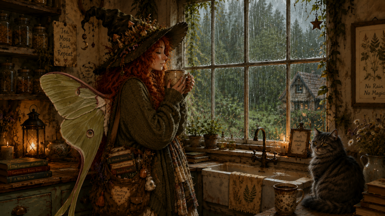 A whimsical red-haired fairy woman with wings and a pointed hat stands in a cozy cottage kitchen, looking out at a rainy garden while a tabby cat sits on the counter beside her. The room is filled with warm lanterns and signs that read 'Tea, Moss, Rain, Repeat' and 'No Rain, No Magic.'