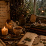 A cozy indoor scene featuring a wooden sign with 'Tiny Rituals for a Rainy Afternoon,' a decorative teapot and mug of tea on a tray, a lit candle, and an open book with pressed flowers, all set against a window overlooking a rainy garden.