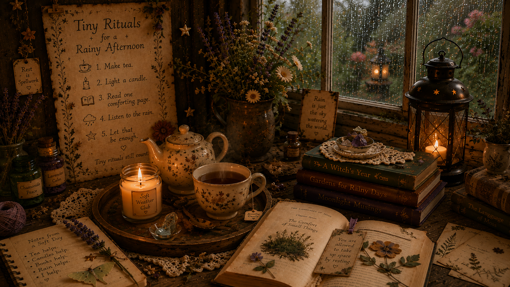 A cozy indoor scene featuring a wooden sign with 'Tiny Rituals for a Rainy Afternoon,' a decorative teapot and mug of tea on a tray, a lit candle, and an open book with pressed flowers, all set against a window overlooking a rainy garden.