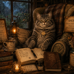 A tabby cat wearing a 'Director of Naps' tag sits among signs stating 'If it requires pants... it can wait' and a 'Today's Agenda' that includes napping and judging mildly, next to a cozy cup of tea and research notes.