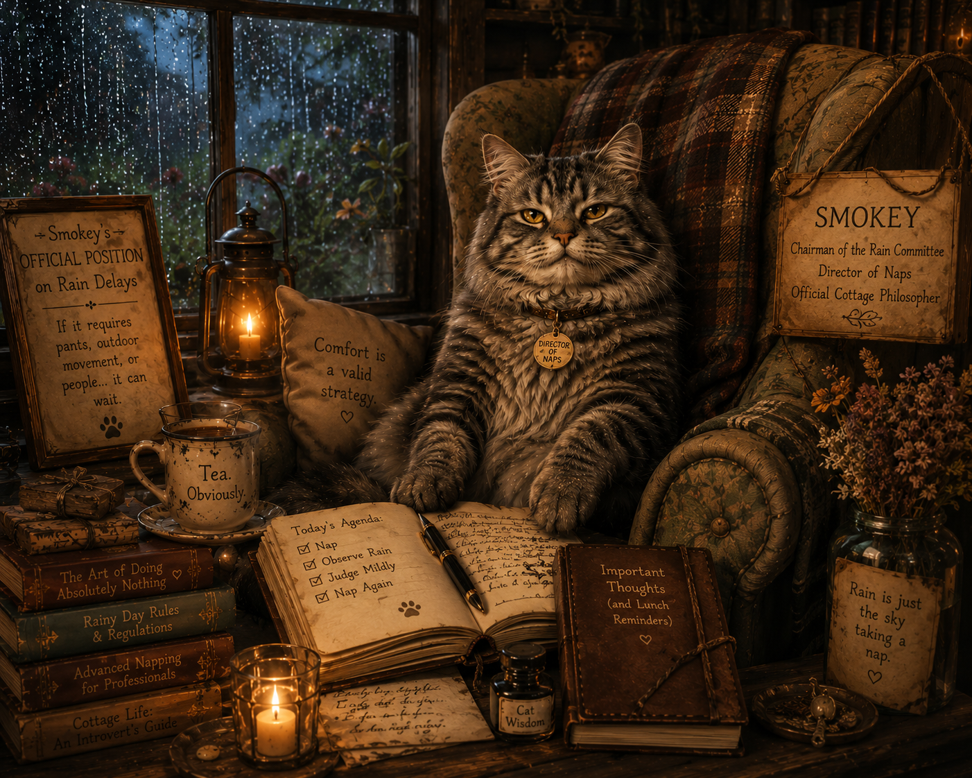 A tabby cat wearing a 'Director of Naps' tag sits among signs stating 'If it requires pants... it can wait' and a 'Today's Agenda' that includes napping and judging mildly, next to a cozy cup of tea and research notes.