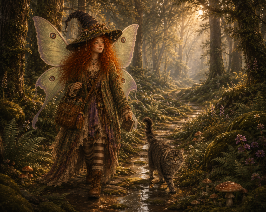 A girl with red curly hair wearing a whimsical witch hat decorated with flowers and large translucent moth wings, standing in a misty forest filled with tall trees as soft morning sunlight filters through.