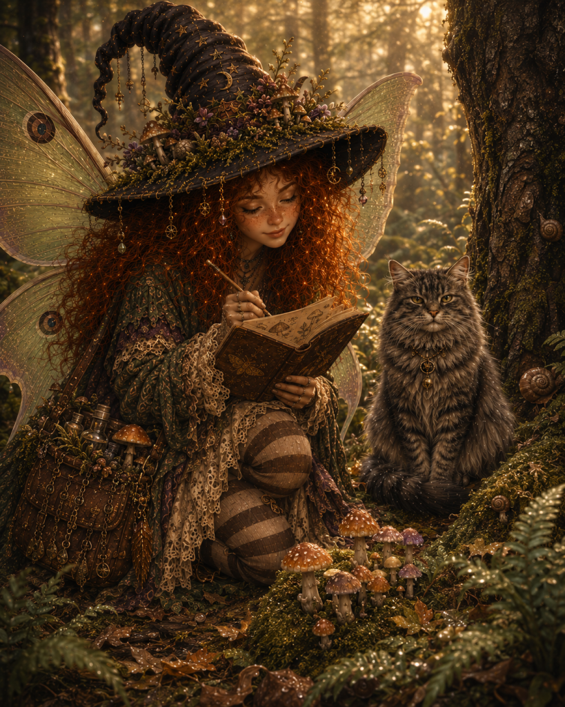 A girl with long red hair wearing a dark witch hat with dangling stars and large translucent moth wings, sitting on the mossy forest floor and writing in a journal. Next to her sits a fluffy grey tabby cat wearing a golden crystal pendant, surrounded by small mushrooms and ferns.