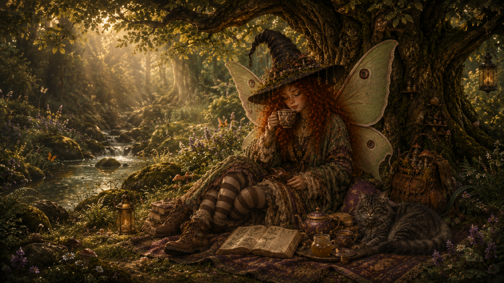 A girl with long red hair wearing a dark witch hat and large translucent moth wings, sitting against a large mossy tree root in a beautiful sun-drenched forest next to a flowing stream. She is holding a tea cup and looking down at an open journal on her lap. Next to her on a patterned rug sits a fluffy dark grey tabby cat looking towards the camera, with a small tea kettle and jar nearby.