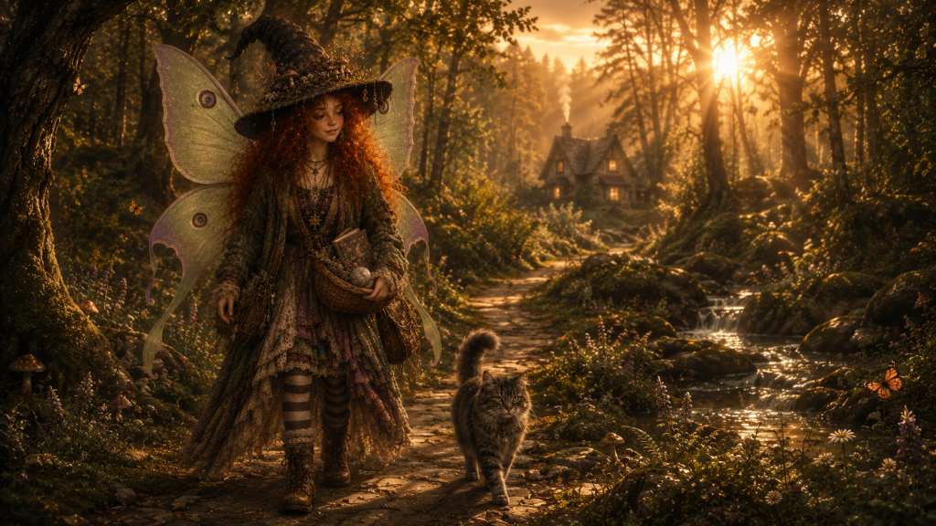 A girl with long red hair wearing a whimsical witch hat and large translucent moth wings, walking along a dirt path in a sunny forest next to a fluffy grey cat. In the background, a small rustic cottage is nestled among the trees under warm golden sunlight.
