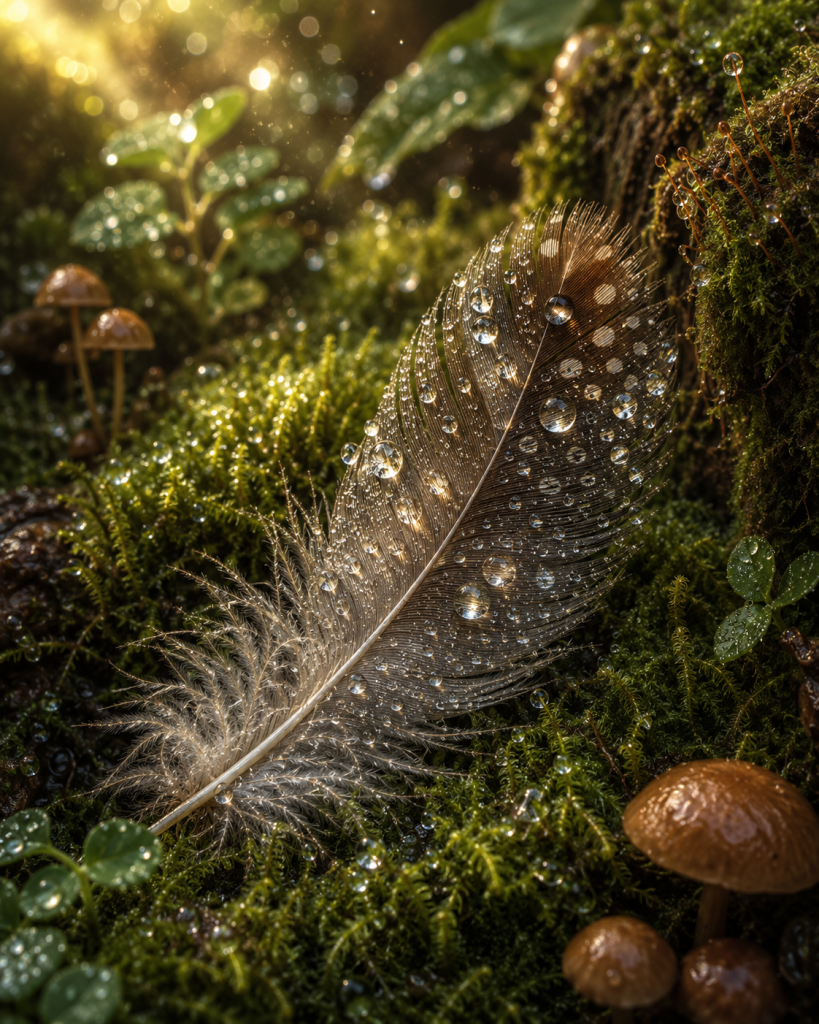 A close-up view of a detailed brown feather with white speckles and glistening water droplets resting on vibrant green moss, with small wild mushrooms growing nearby.