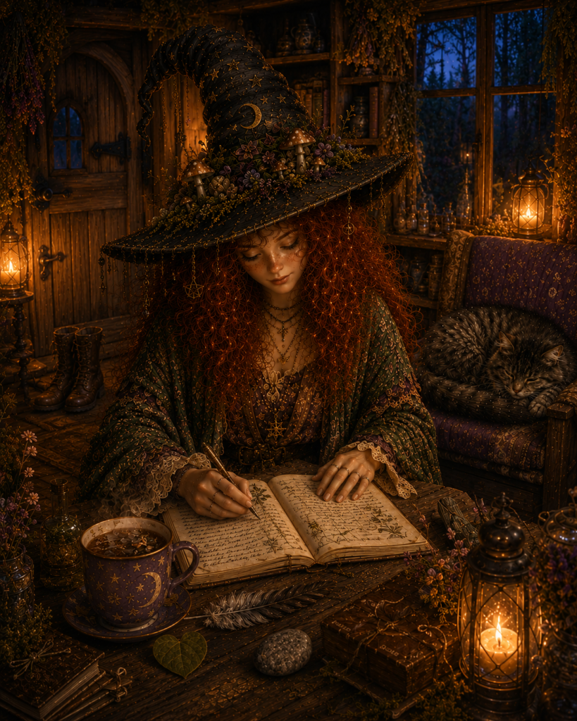 A close-up view of hands writing with a pen in an open, aged notebook on a rustic dark wooden table. Next to the notebook is a ceramic mug filled with tea decorated with stars, a natural feather, a polished stone, and a vintage glass lantern with a lit candle glowing warmly inside.