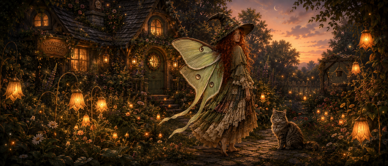 An atmospheric storybook illustration of Maeve Moonbeam preparing chamomile tea in her cozy cottage kitchen during twilight. Soft, golden evening light stream through an open window where fireflies are beginning to drift outside. Maeve, featuring large sage green luna moth wings and long wild copper curls, smiles softly as steam rises from her porcelain teacup. The wooden counter is filled with dried chamomile flowers, a glass jar of honey, and hanging herbs overhead, creating a warm and comforting domestic scene with deep visual breathing room.