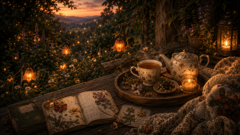 An atmospheric storybook illustration of a cozy cottage porch at twilight, perfectly capturing the essence of a firefly watching ritual. In the foreground, a dark wooden tea tray holds a steaming porcelain mug, an open handwritten journal with pressed botanical specimens, and a softly glowing candle. A warm knit blanket draped over a nearby chair adds a layer of comfort. Below the porch steps, a lush summer garden is filled with softly glowing lantern flowers, while a dozen golden fireflies begin to drift and blink through the deep blue evening air.