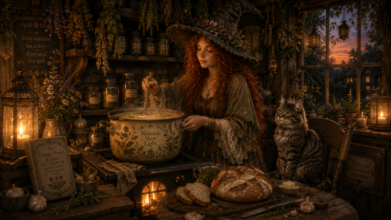 An atmospheric storybook illustration of a rustic cottage kitchen during twilight. A large cast iron Dutch oven filled with potato leek soup sits simmering on the stove, with gentle steam rising into the warm air. Bunches of fresh herbs hang from the dark wooden ceiling beams overhead, and a rustic loaf of crusty bread rests on a wooden board on the table. Maeve, with her large sage green luna moth wings and wild copper curls, smiles softly as she stirs the soup, while Smokey the fluffy gray tabby cat supervises intently from a nearby wooden chair under the glow of warm lantern light.