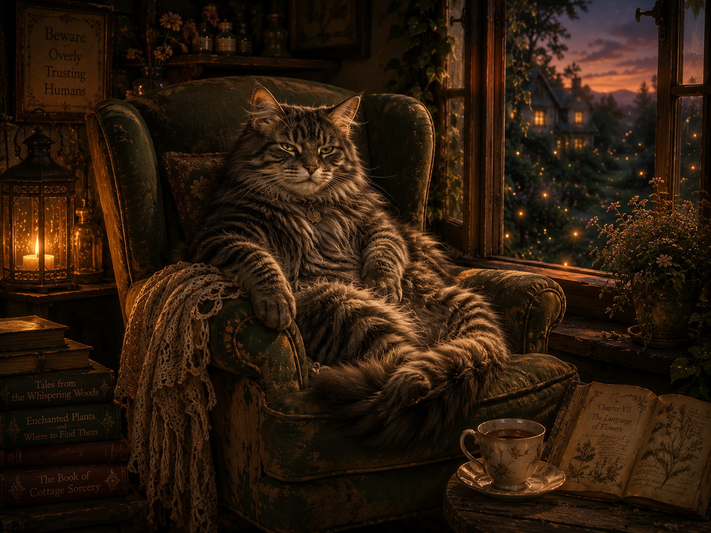 An atmospheric storybook illustration of Smokey, the fluffy gray tabby cat, sitting comfortably in a large, vintage wooden armchair by an open cottage window at twilight. His golden eyes are half closed with a look of mild, calm judgment. Outside the window, a lush summer garden is filled with softly glowing lantern flowers and drifting fireflies under a deep blue evening sky. Inside, the cozy room is filled with soft lantern light, stacks of old books, and potted plants, creating a peaceful, humorous, and comforting scene.
