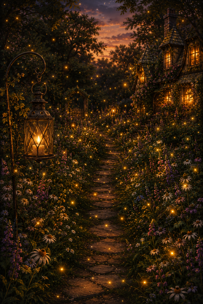 A narrow dirt path leading through a lush, dark garden at night, illuminated by numerous golden fireflies and a warm lantern hanging from a tree.