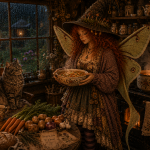 A whimsical red-haired fairy woman with wings and a pointed hat serves a steaming bowl of vegetable soup in a rustic, candlelit kitchen filled with jars of herbs and books, while a tabby cat sits on the counter beside her.
