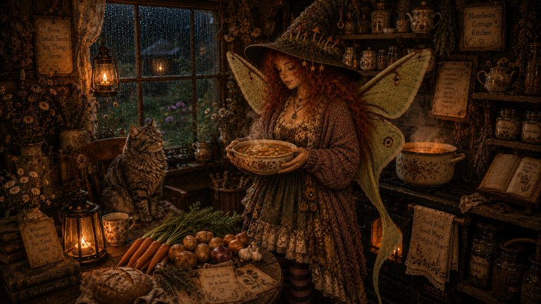 A whimsical red-haired fairy woman with wings and a pointed hat serves a steaming bowl of vegetable soup in a rustic, candlelit kitchen filled with jars of herbs and books, while a tabby cat sits on the counter beside her.