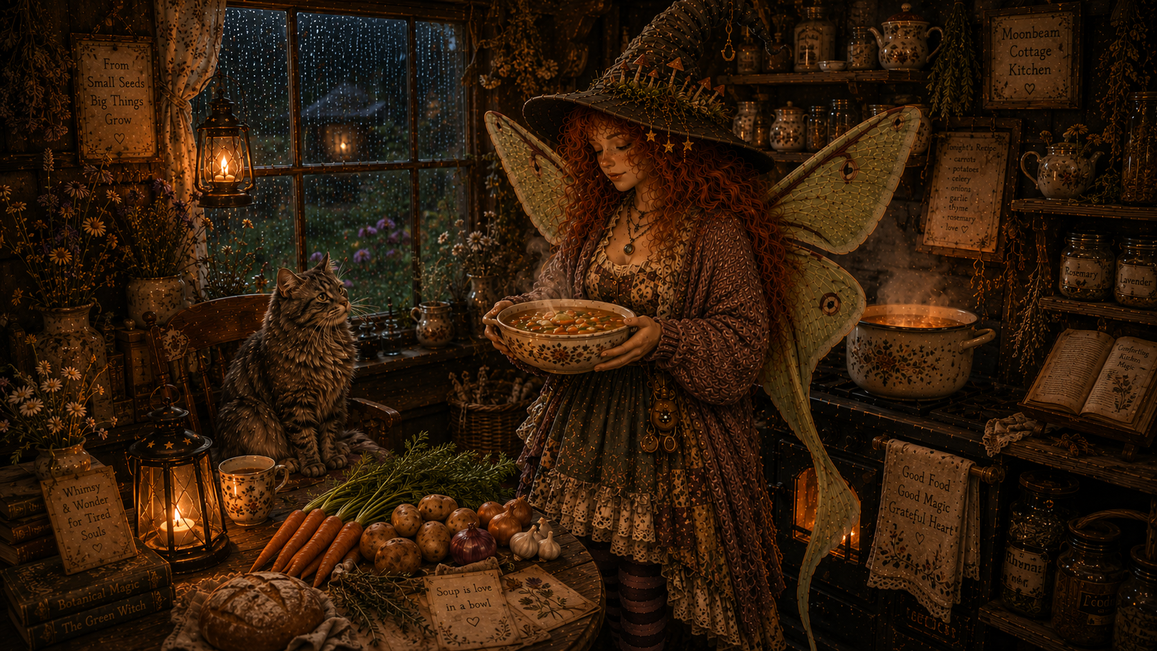 A whimsical red-haired fairy woman with wings and a pointed hat serves a steaming bowl of vegetable soup in a rustic, candlelit kitchen filled with jars of herbs and books, while a tabby cat sits on the counter beside her.