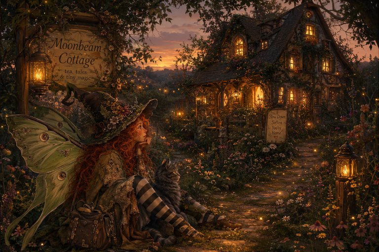 The image shows a warm, cozy evening scene at Moonbeam Cottage during twilight. A glowing stone cottage with a thatched roof is nestled among lush greenery, tall trees, and vibrant flower beds. Countless small, bright fireflies drift through the garden, casting soft points of golden light against the deep blues and purples of the evening sky. Soft light shines from the cottage windows and an outdoor lantern, adding to the magical, serene atmosphere.