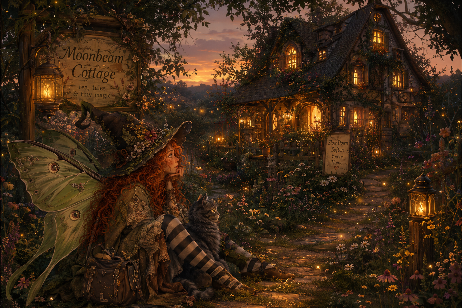 The image shows a warm, cozy evening scene at Moonbeam Cottage during twilight. A glowing stone cottage with a thatched roof is nestled among lush greenery, tall trees, and vibrant flower beds. Countless small, bright fireflies drift through the garden, casting soft points of golden light against the deep blues and purples of the evening sky. Soft light shines from the cottage windows and an outdoor lantern, adding to the magical, serene atmosphere.
