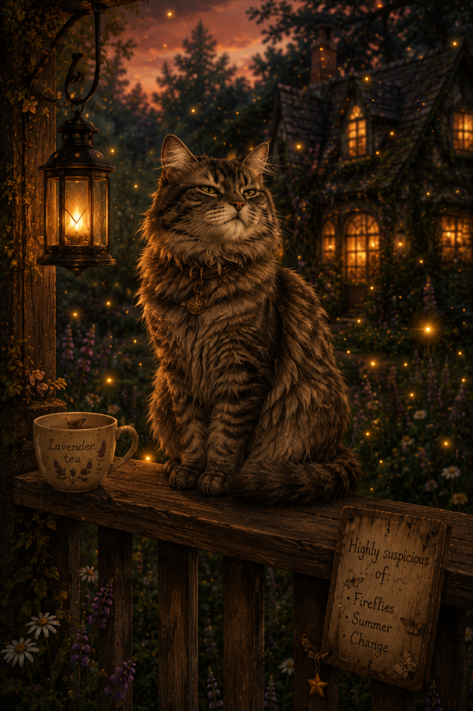 A fluffy brown cat sitting on a wooden porch railing at night, looking back towards a lantern and golden fireflies in a dark garden.