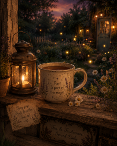 A steaming mug of tea resting on a wooden porch railing at night, with golden fireflies and a warm lantern glowing in the background garden.