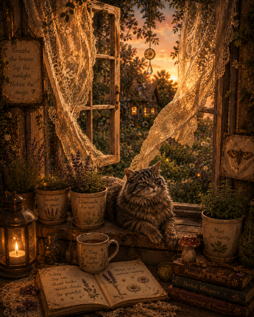 "A fluffy grey cat sitting on the porch next to a steaming cup of porch tea during a quiet summer evening
