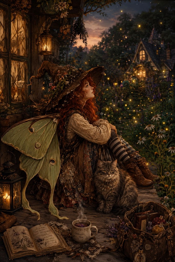 A winged woman and a grey cat sitting on porch steps at twilight, watching fireflies near a lantern-lit cottage in a dark forest.