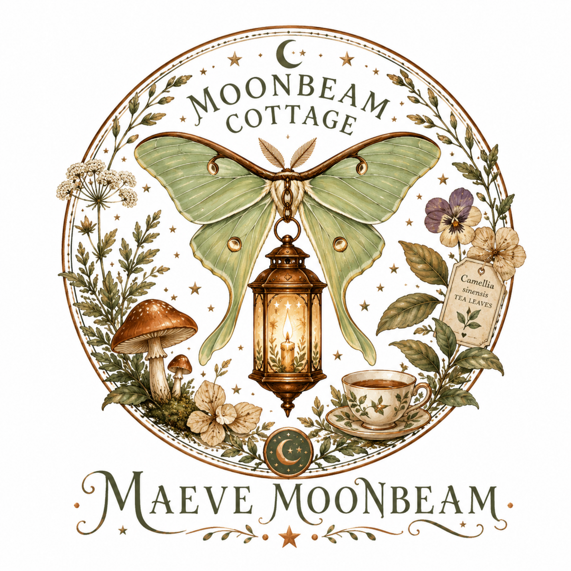 An illustrated circular brand emblem for Maeve Moonbeam. A warm, glowing vintage lantern hangs at the center, framed by large, detailed sage green luna moth wings. The illustration is bordered by delicate mushrooms, tea leaves, and small white pressed wildflowers. Elegant storybook typography at the bottom reads "Maeve Moonbeam" with the subtitle "Whimsy & Wonder for Tired Souls" written along the top curve, all set against a soft cream background.