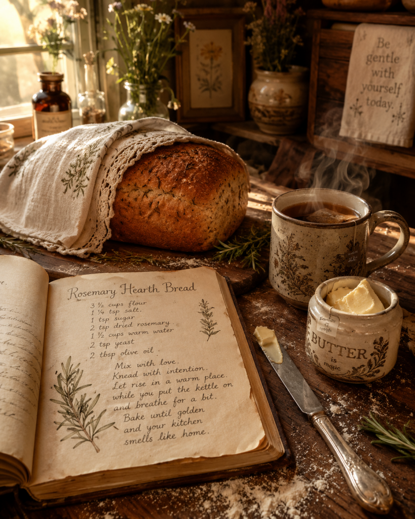 A round loaf of homemade bread resting under a striped linen tea towel on a wooden cutting board with scattered fresh rosemary sprigs.