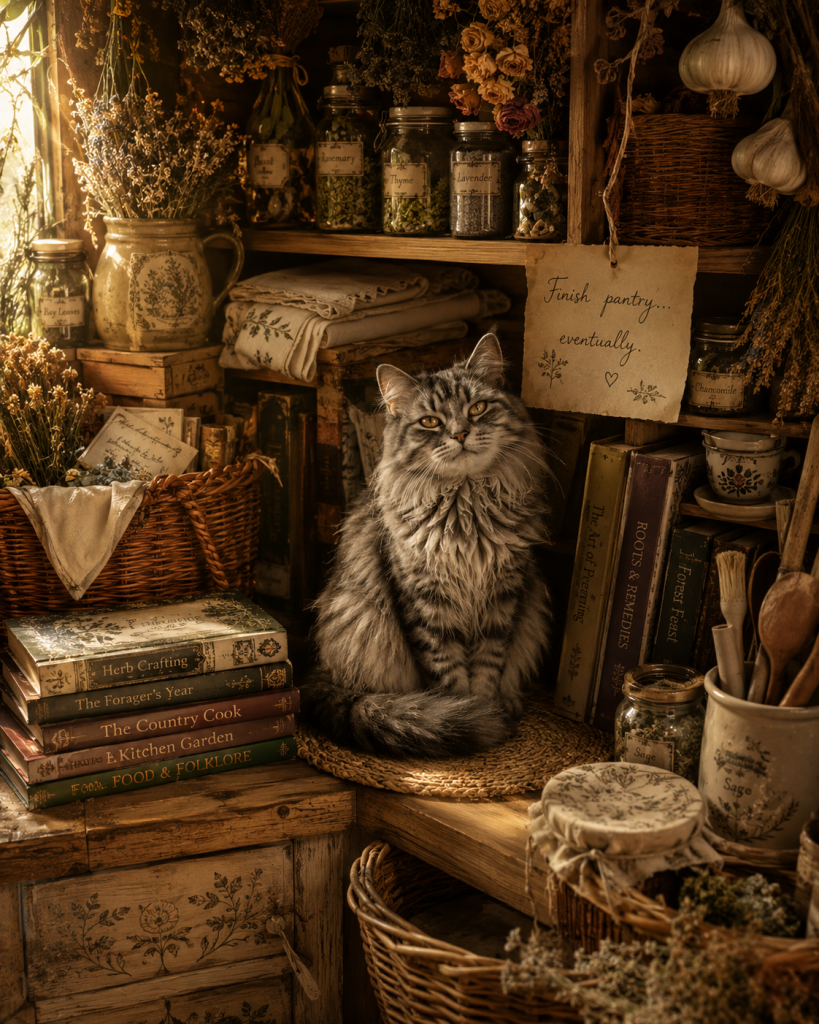 A wide banner image showing a cozy cottage kitchen counter with dried herbs hanging from cabinet handles, stacked books, and jars of ingredients.