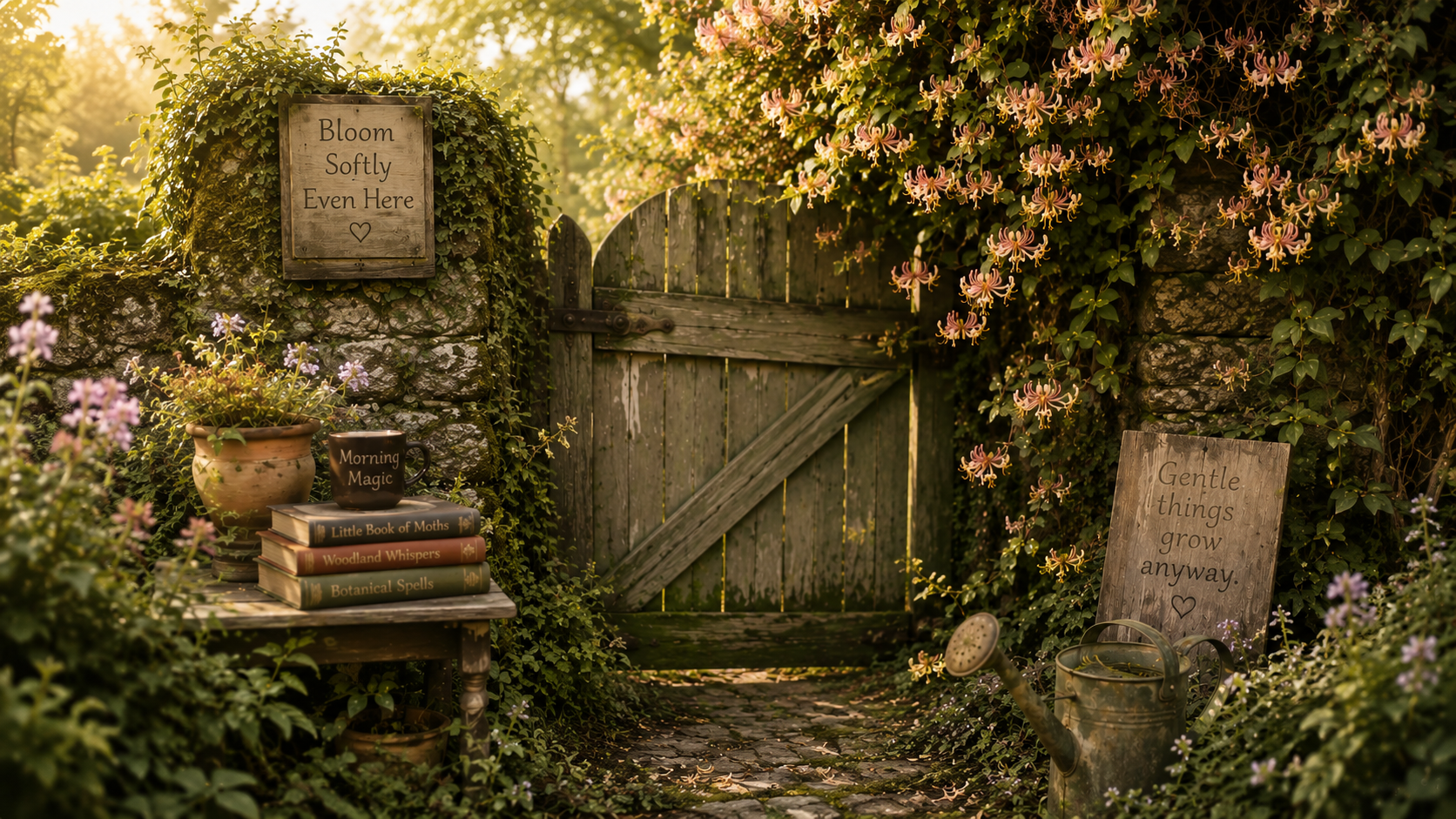 A dreamy cottage garden corner at morning light with an old weathered wooden gate half-hidden behind blooming honeysuckle, soft green overgrowth, whimsical and peaceful storybook realism.