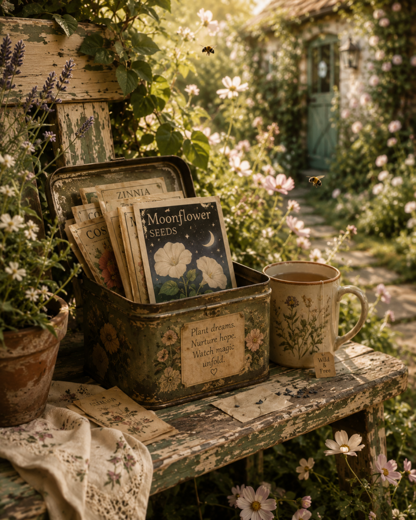 A cozy garden scene with a small tin of seed packets on a worn wooden bench, moonflower seeds visible, bees drifting nearby, delicate summer atmosphere, painterly cottagecore aesthetic.
