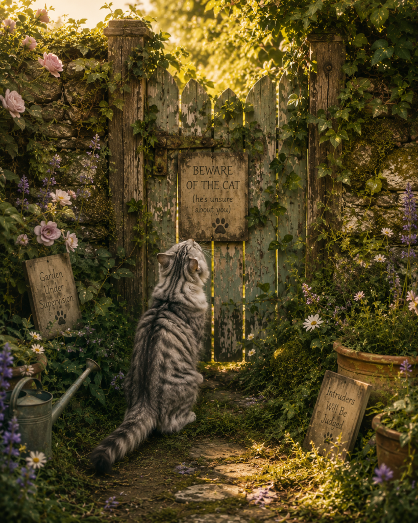 A silver tabby cat inspecting an overgrown garden gate while sunlight filters through leaves, gentle humorous mood, detailed botanical background, warm cottage illustration.
