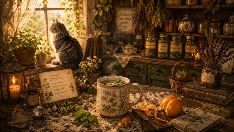 A warm cottage kitchen with a handmade mug of chamomile and lemon balm tea steaming beside scattered herbs and orange peel, soft morning light, cozy botanical realism.