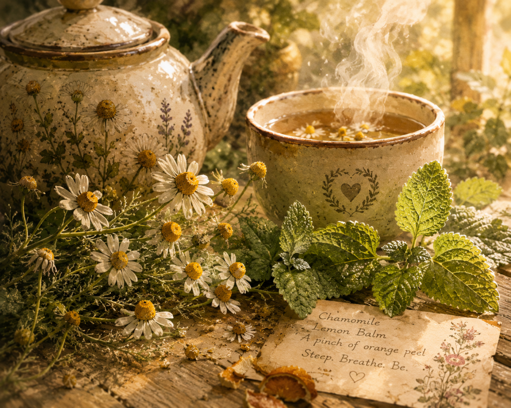 A close-up of chamomile blossoms and lemon balm leaves beside a rustic teapot, delicate golden steam, dreamy watercolor-inspired tea illustration.