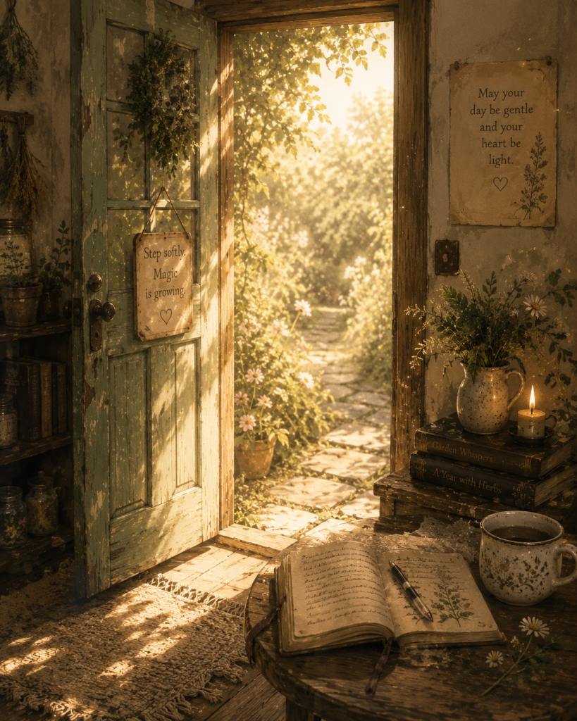 A minimalist dreamy scene of an open doorway with sunlit dust motes and a journal on a small table nearby, symbolic threshold imagery, soft neutral palette.